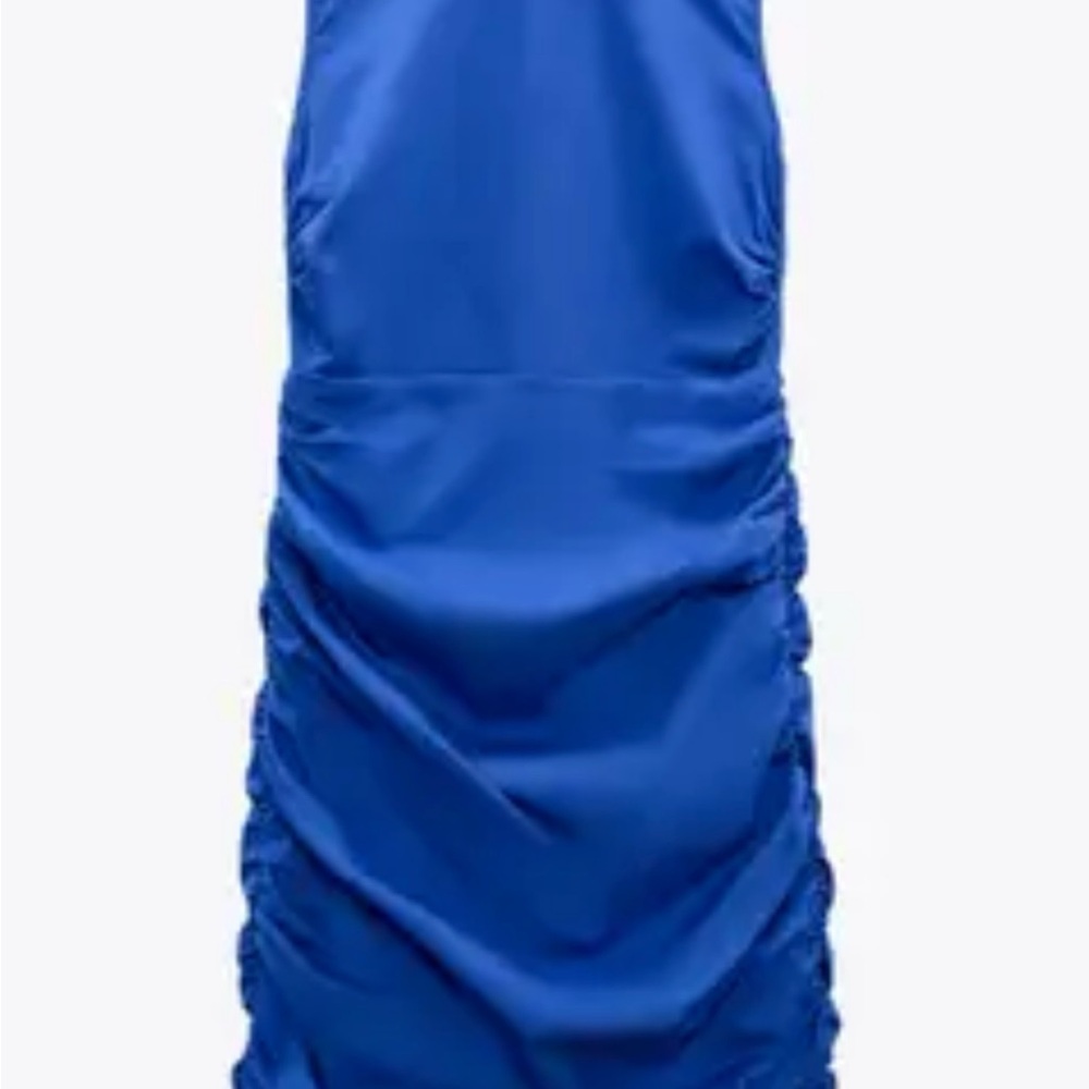 ZARA Mock neck fitted ruched stretch poplin mini dress